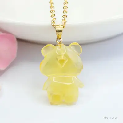 Golden Bear Pendant Necklace with Natural Amber S925