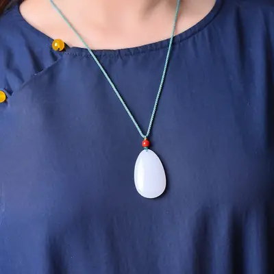 White Jade Water Drop Pendant with Red Bead