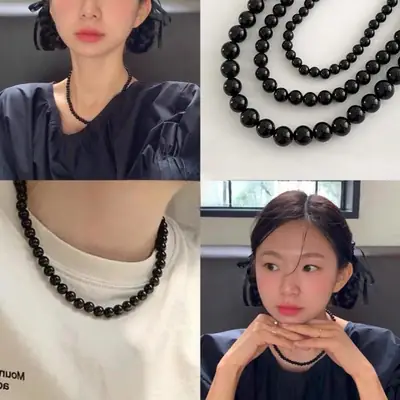 New Large Particle Beaded Natural Black Agate Chalcedony Necklace Women's Exquisite Light Luxury Design Vintage Unique Clavicle Chain