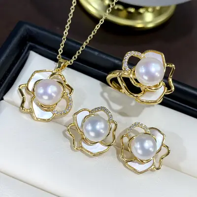 2025 Pearl Flower Earrings Set Gold Plated Women