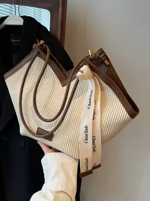 Women Large Capacity Brown Ribbed Shoulder Bag