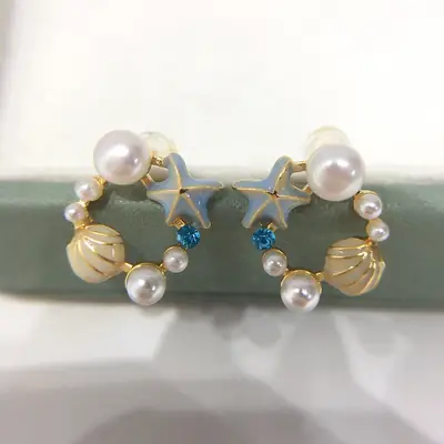 Cute Star Shell Pearl Earrings for Women 18K Gold