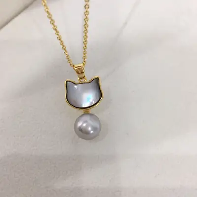 Zhuji Origin Cat Pearl Pendant Necklace Gold Chain