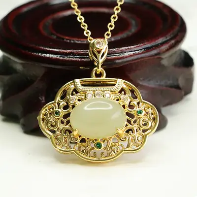 Aiyu Hetian Jade Pendant Necklace with Ruyi Lock Design