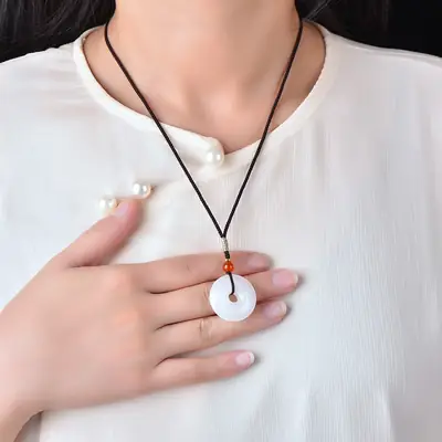 White Jade Ping An Buckle Pendant with Amber Charm
