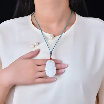 White Jade Dragon Pendant with Red Beads