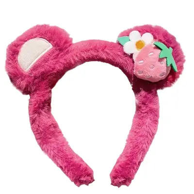 Plush Strawberry Bear Headband for Face Washing Winter