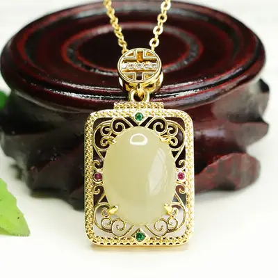 Aiyu Natural Hetian Jade Pendant Clear Water Material Square Necklace