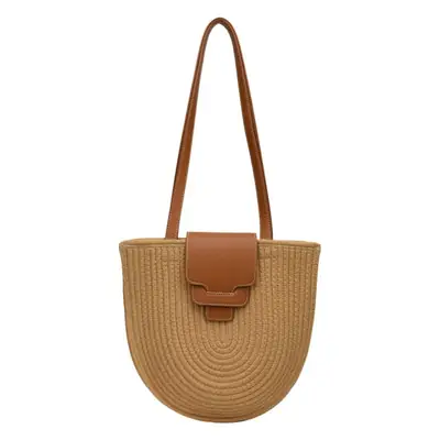 Vintage Straw Shoulder Bag with Leather Strap