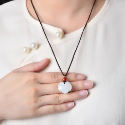 Jade Ruyi Lock Necklace with Red Stone