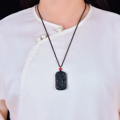 Hetian Jade Dragon Pendant Black with Red Bead
