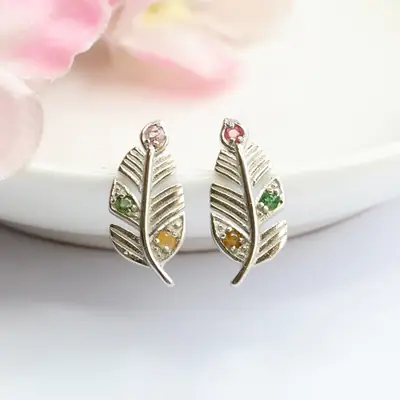 Gemstone Feather Earrings S925 Silver Women