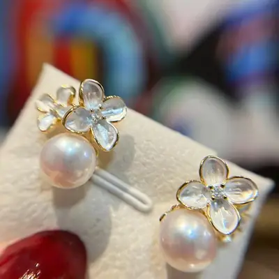 Flower Pearl Earrings Drop Oil Size Gold Plated