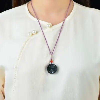Hetian Jade Flower Pendant Black Red String
