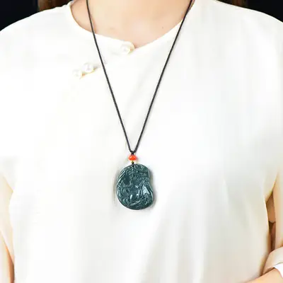 Hetian Jade Nine-Tail Fox Pendant with Red Resin