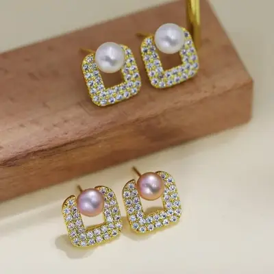 18K Gold Plated Pearl Square Zircon Earrings