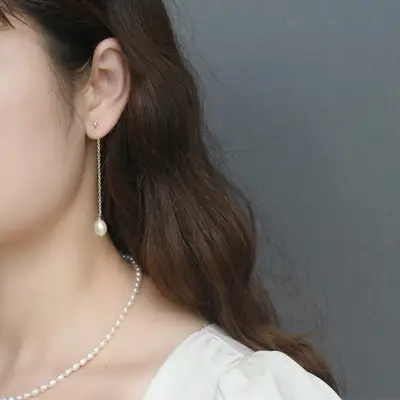 Long Natural Freshwater Pearl Earrings 925 Silver Elegant Girl Style