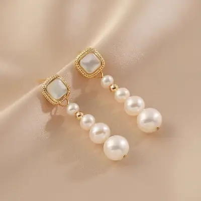 Retro Pearl Earrings Women Gold Plated Square Design