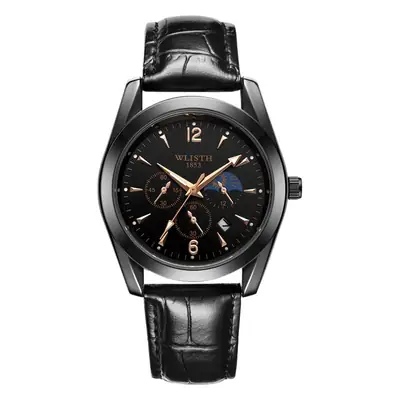 Men's Black Leather Belt Calendar Watch Waterproof Quartz
