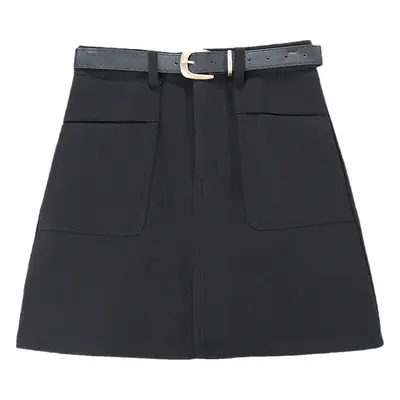 Black A-Large Pocket A-Lined Skirt with Belt