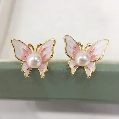 5 Pearl Butterfly Earrings 18K Gold Enamel Women