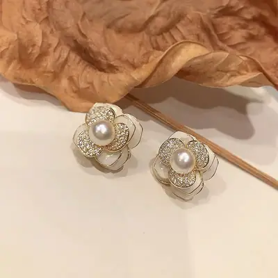 Pearl Camellia Ear Stud Earrings Female Elegant