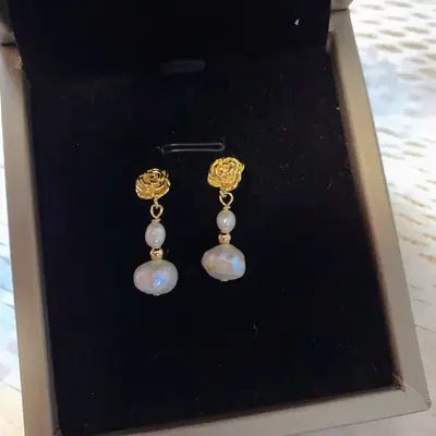 Natural Pearl Earrings for Women S925 Gold Rose Flower Design