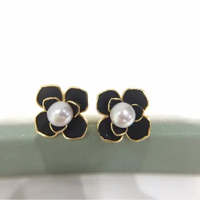 5Pc 18K Gold Filled Black Pearl Flower Earrings for Women