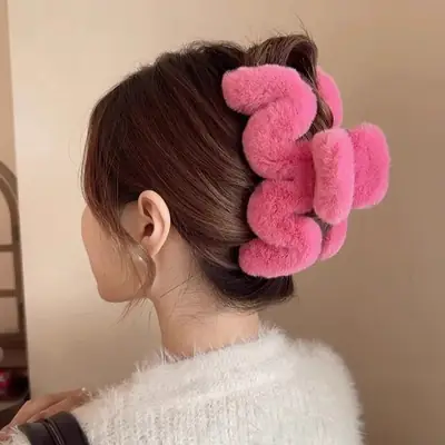 Plush Fur Clip Hairpin for Women Black & Beige 2023