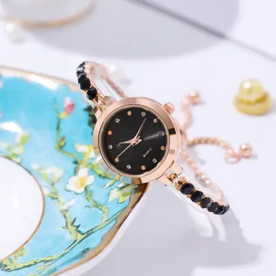 Women's Rhinestone Bracelet Watch Rose Gold Black Dial