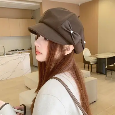 Women's Black Pearl Bow Octagonal Beret for Autumn Winter Casual