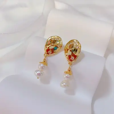 Japanese Korean Geometric Pearl Earrings Gold Plated