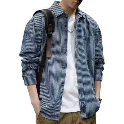 Men Blue Striped Long Sleeve Shirt Casual City Boy