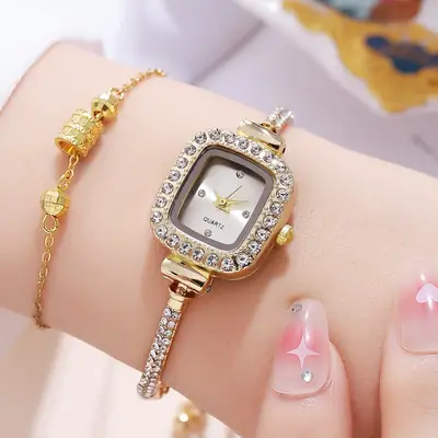 Gold Plated Square Dial Women's Bracelet Watch with Crystal Accents