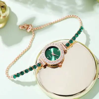 Pink Gemstone Women's Bracelet Watch Set