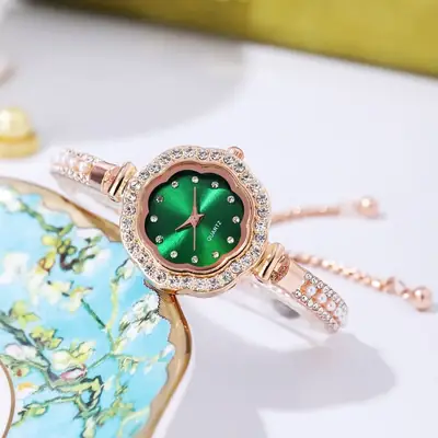 Green Gemstone Bracelet Watch for Women