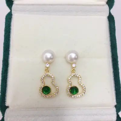 Green Jade Gourd Pearl Earrings for Women S925