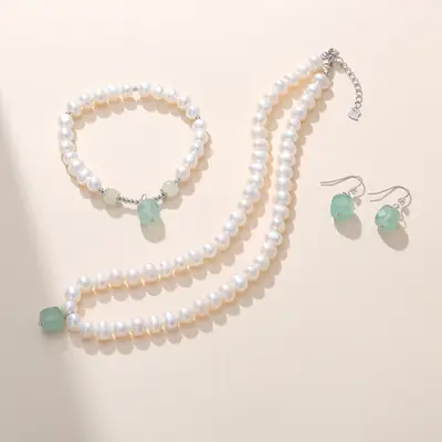 Japanese Korean Style Pearl Necklace Set with Jade Clavicle