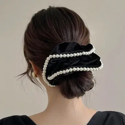 Red Velvet Pearl Hair Scrunchie with Pearl Beads