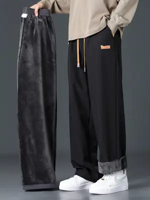 Fleece-Lined Thick Pants for Men, Autumn and Winter Warm Cotton Pants, Straight-Leg Sweatpants, Loose and Versatile, Sports Casual Long Pants