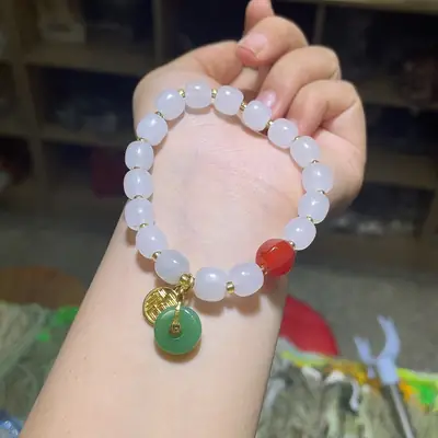 Jinseri Yufu Brand White Red Gemstone Bracelet with Pendant