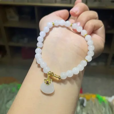 White Jade Bracelet with Gold Plated Pendant