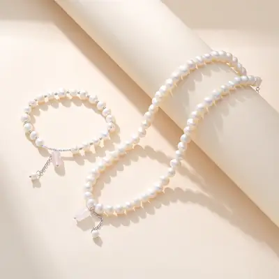 Female Pearl Necklace with Crystal & Silver Bracelet