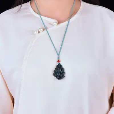 Hetian Jade Nine-Tail Fox Pendant Black