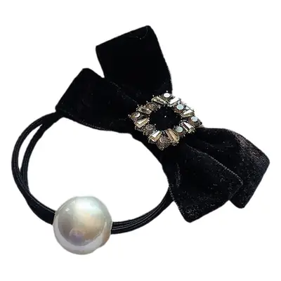 Black Velvet Bow Hair Tie with Pearl & Rhinestone