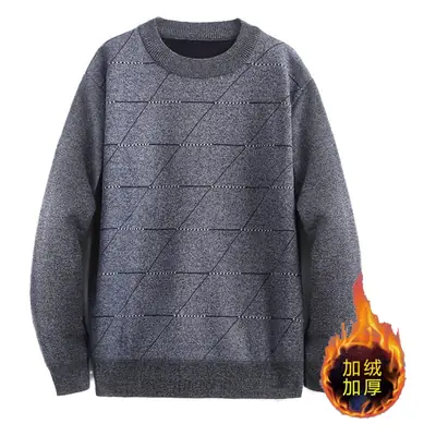 Men's Grey Fleece Round Neck Sweater Winter Thickened
