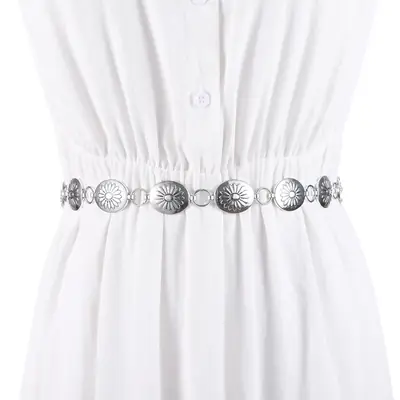 Vintage Hook Adjustable Belt Oval Metal Waist Chain Women's Antique Silver