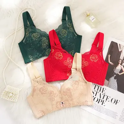 Wireless Lace Bra Red Green Beige Plus Size Push Up