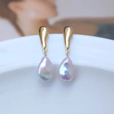 Baroque Pearl Earrings Gold Plated Light Sparkling