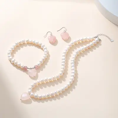 Natural Freshwater Pearl Necklace Women S925 Silver Pink Crystal Heart Bracelet Set